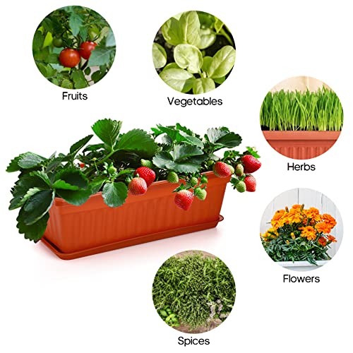 Fasmov 5 Pack 17 Inches Flower Window Box Plastic Vegetable Planters With Trays Vegetables Growing Container Garden Flower Plant Pot With 5 Pcs Plant Labels For Balcony, Patio, Garden, Orange #TOP6