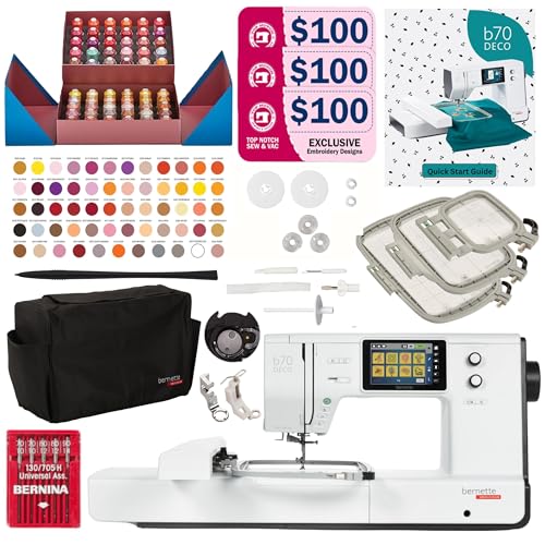 Bernette B70 Deco Embroidery Machine | Exclusive Bundle with 60 Sunset Threads, 3 Hoops (6x10, 4.7x7, 2x3), $300+ Embroidery Designs, 5' Touchscreen, USB Design Import, Tools & Accessories