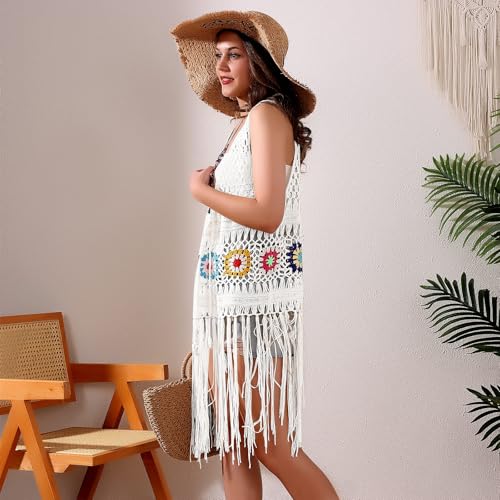 Image of Women's Floral Crochet Hollow Out Sleeveless Fringe Boho Retro-Look Handmade Cardigan Vest Tassels