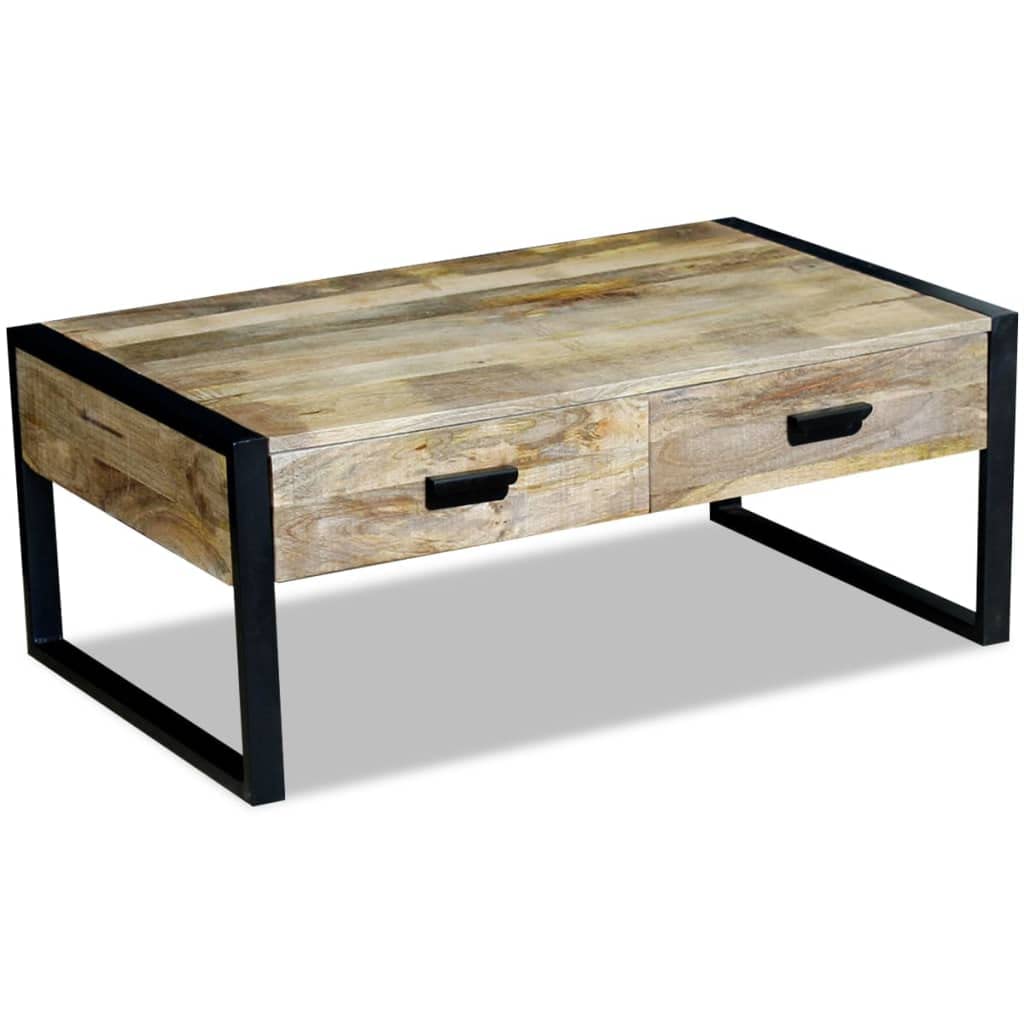 Couchtisch Massivholz Mango 100x60x40 cm - Rustikaler Wohnzimmertisch mit 2 Schubladen und Eisenbeinen, Retro Kaffeetisch aus Holz und Metall für das Wohnzimmer