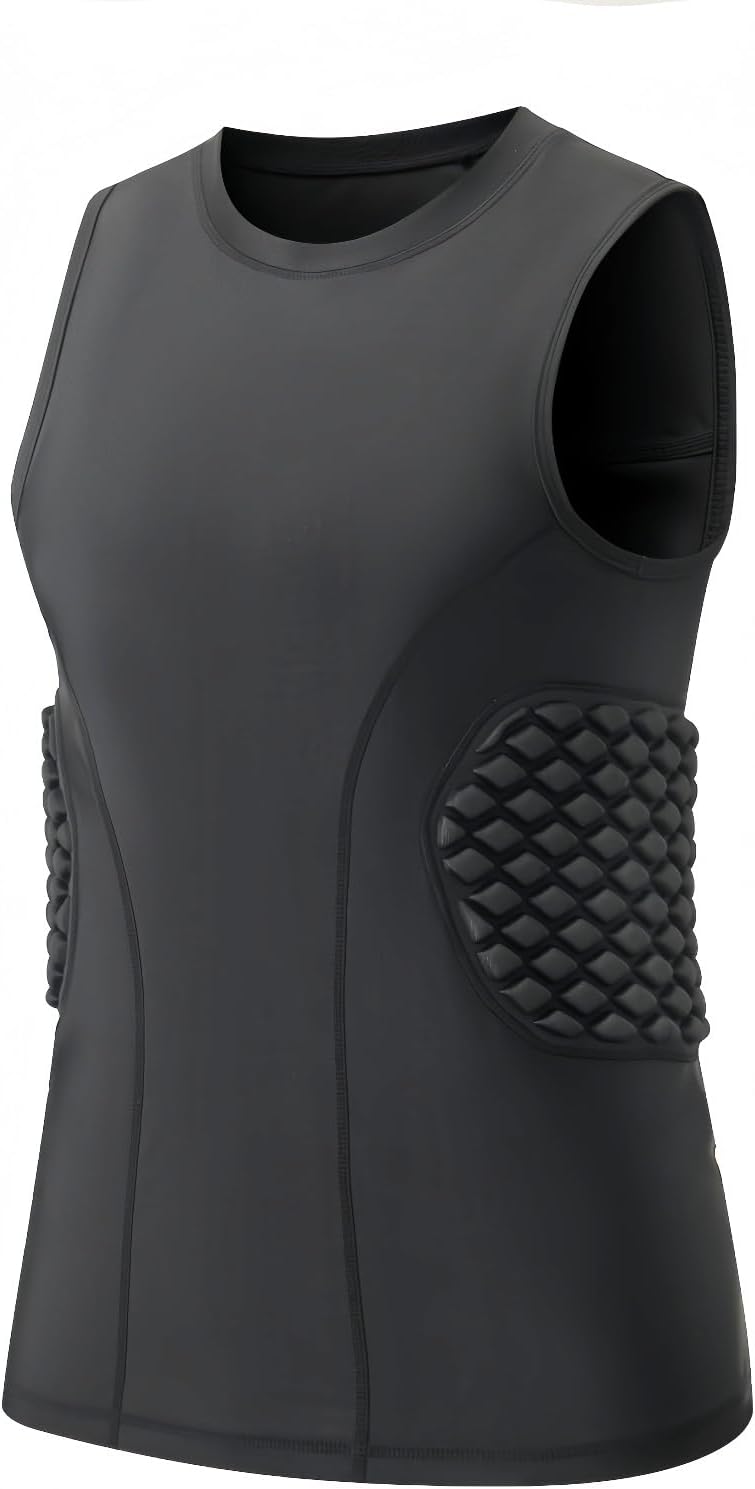 Rib and Back Protector Sleeveless Compression Shirt, Padded Sports Training Base Layer