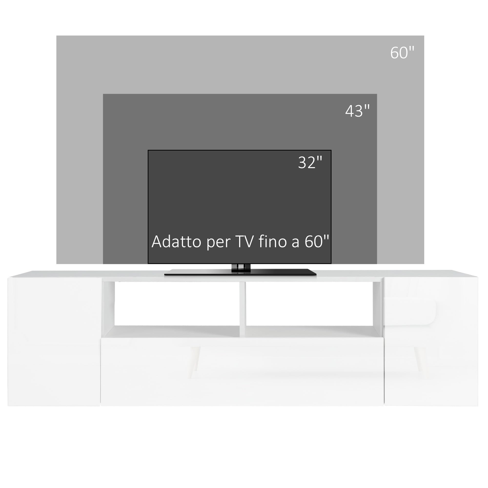 HOMCOM Mobile TV 60" max in Truciolato, Mobiletto TV con 3 Ripiani, 2 Armadietti e Luci LED, 137x35x42 cm, Bianco Lucido