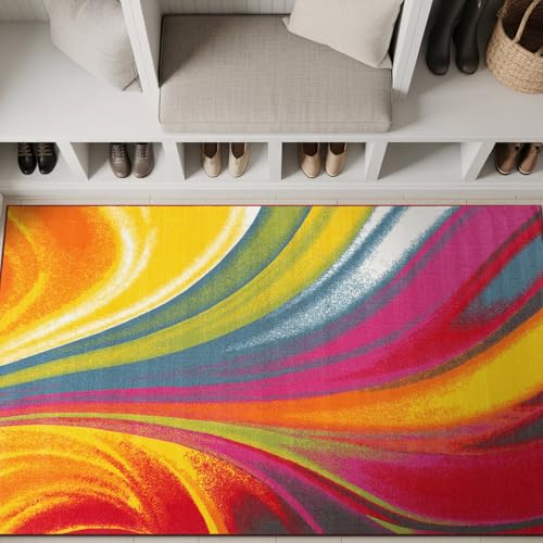 Rugshop Multi Waves Non Slip Modern Colorful Area Rug Fade
