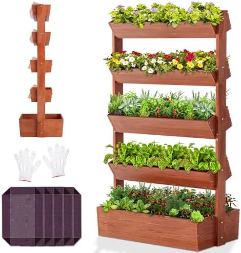5 Tiers Vertical Wooden Raised Garden Bed Planter Tower, Vertical...