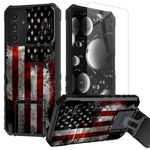 BREIDMKFM for Galaxy A15 5G Phone Case with Screen Protector & Kickstand & Slide Camera Lens Protector Cover for Samsung Galaxy A15 5G Case Heavy Duty Dual Layer Rugged,Retro American Flag