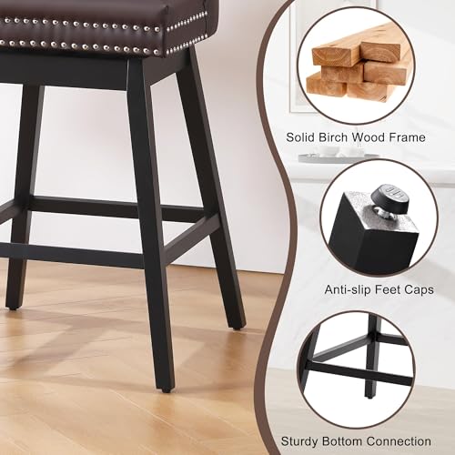 Image of Brown Leather Swivel Bar Stools Set of 4 with Back, 26 Inch Counter Height Chairs, Solid Wood Legs, Tufted Seat, Comfortable and Stylish for Kitchen, Island, Home Bar(Brown, 4 Pack, 26 inch H)