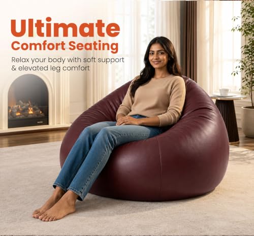 Image of Sattva Classic 2XL Sofa Style Bean Bag Chair with Beans Filled | Faux Leather Bin Bags Sofa with Filled Beans | Large Beanbags for Adults, Home & Office | Pre-Filled Beans Bag - Maroon
