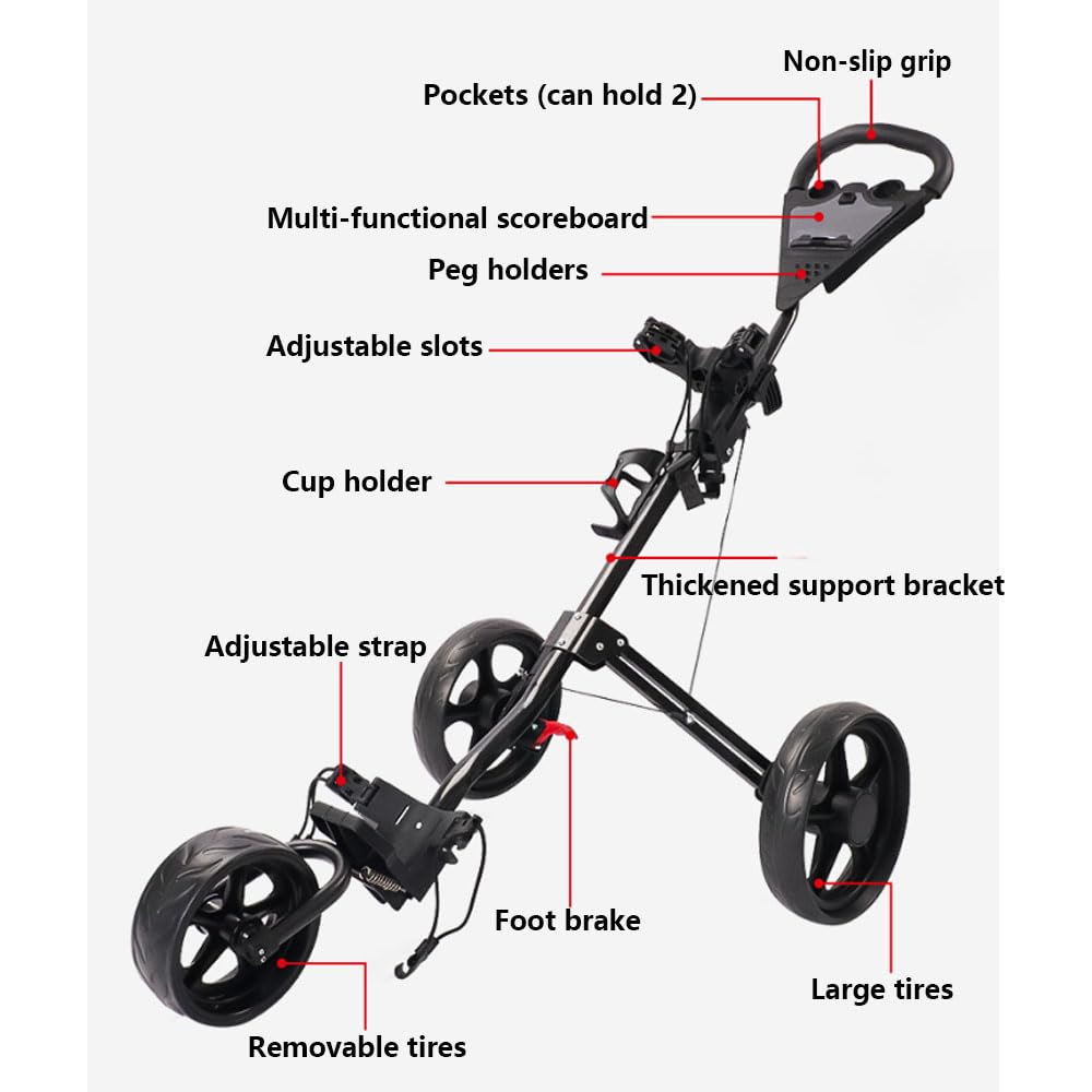Golftrolley Klappbar, Golfwagen, Golftrolley mit Fußbremse, Getränkehalter, Höhenverstellbarem Griff und Aufbewahrungstasche, Ideal für Golf und Outdoor Aktivitäten,Green