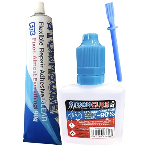 Stormsure Flexible Repair Adhesive Kit - 90g Clear + 30ml Stormcure Accelerator + Spatula - Quick and Reliable Repairs for Strong and Flexible Results