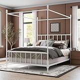 Furniture of America Vaeli Modern Metal Queen Size Four Poster Bed Frame with Spindles, Canopy Bedframe for Bedroom, Guest Room, Box Spring Required, White