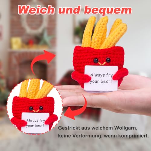 Mwmoeen Mini lustige Positive Kartoffel Geschenke, handgemachte emotionale Unterstützung gestrickte Wassermelon mit Frontkarte French Fries Schreibtisch Dekoration