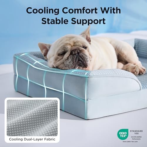 Image of Bedsure Cooling Dog Bed Medium Size Dogs - Orthopedic Medium Dog Cat Cooling Bed Washable, Pet Couch Sofa with Waterproof Removable Cover, Pets Bed with Nonskid Bottom, Cooling Blue, 28 inch