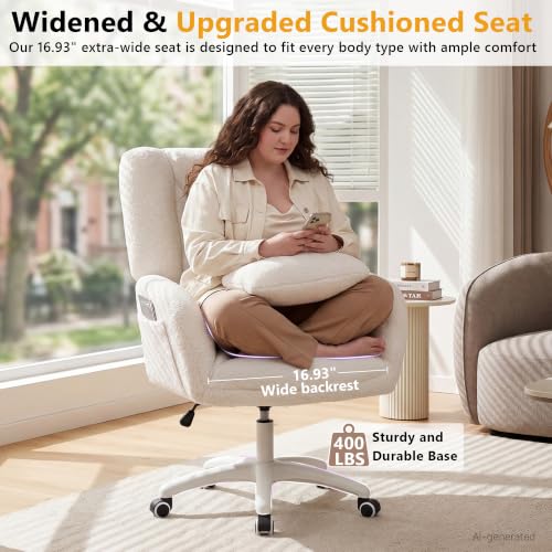Image of FOXHUNTER Vanity Chair with Wheels Comfy Home Office Desk Chairs with Pillow, 360 Swivel,Adjustable Height Makeup Vanity Chairs for Living Room, Bedroom(Teddy, White-Upgraded Oversized)