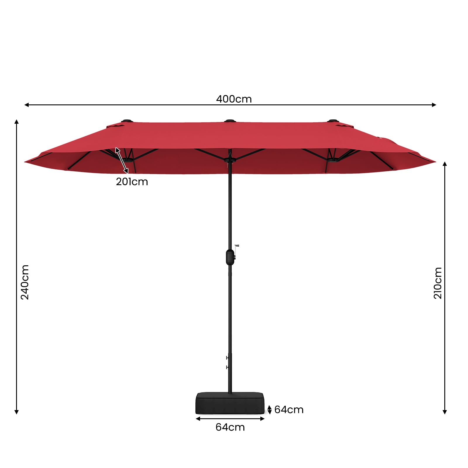 RELAX4LIFE Grand Parasol de Jardin Exterieur avec Pied, 4x2M Parasol Double pour Terrasse/Piscine/Marché, 12 Baleines Renforcées, Manivelle, Protection Solaire pour 6-8 Personnes