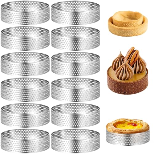 QGGTQG Lot de 12 moules à tartelette en mousse - Anneaux à dessert avec trous - 6 cm - En acier inoxydable - Pour mousse, tartes, mini pizzas, muffins (12,6...