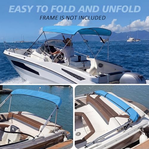 900D Boat Bimini Top Replacement Canvas Cover, 3 Bow 72" L x 54"-60" W Blue Waterproof UV Resistant Marine Canopy with Zipper Sleeves & Storage Boot, Fit Pontoon, Jon Boats (Frame Not Included) — view 4