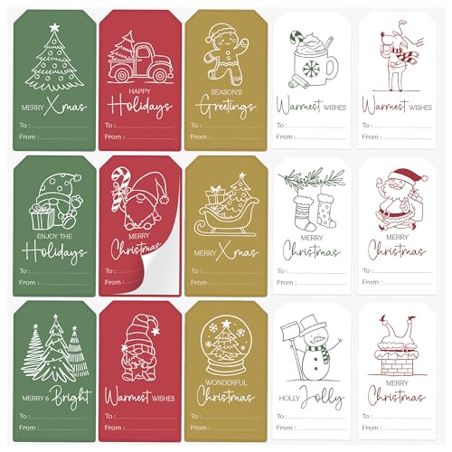 AUDREE 210 Pcs Christmas Gift Tags Stickers - Self-Adhesive Red,