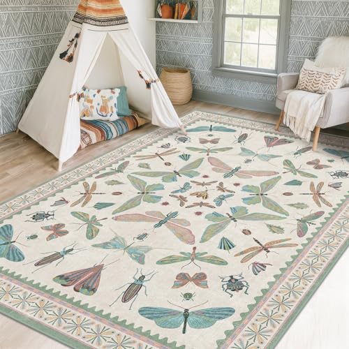 5x7 Pink and Green Nursery Rug - Colorful Rug for Playroom, Bedroom, Living Room, Insect Butterfly Floral Non-Slip Soft Carpet 5' x 7' (Rectangular) B