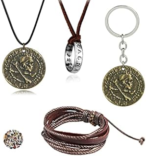 HJYZY 29 pcs Uncharted 4 Drake jewelry Engraved Skull Bronze COIN Pendant Necklace keychain Sticker Set Ring Pendant Necklace Brown Leather Men's Bracelet