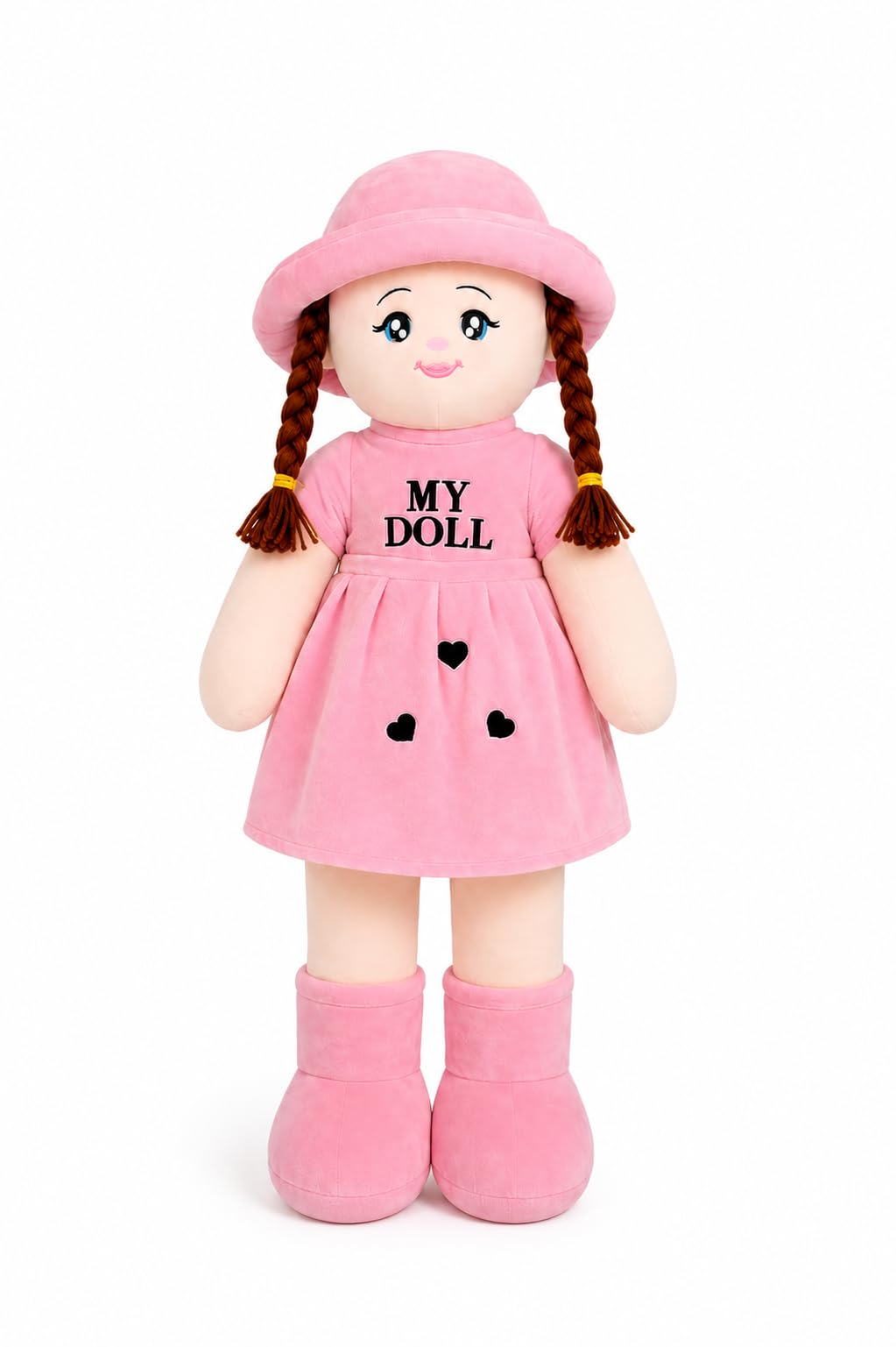 Plush Rag Doll, Pink, Soft Stuffed Toy with Braids and Hat, Large Size, Gift for Girls(2ft)(Pink)-image-33