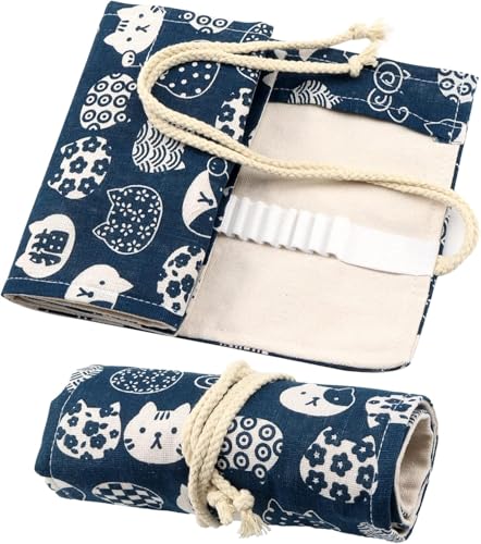 Image of Canvas Pencil Wrap Case, 48 Holes Colored Pencil Roll Holder Storage Pouch for Office (72 Holes, Blue)