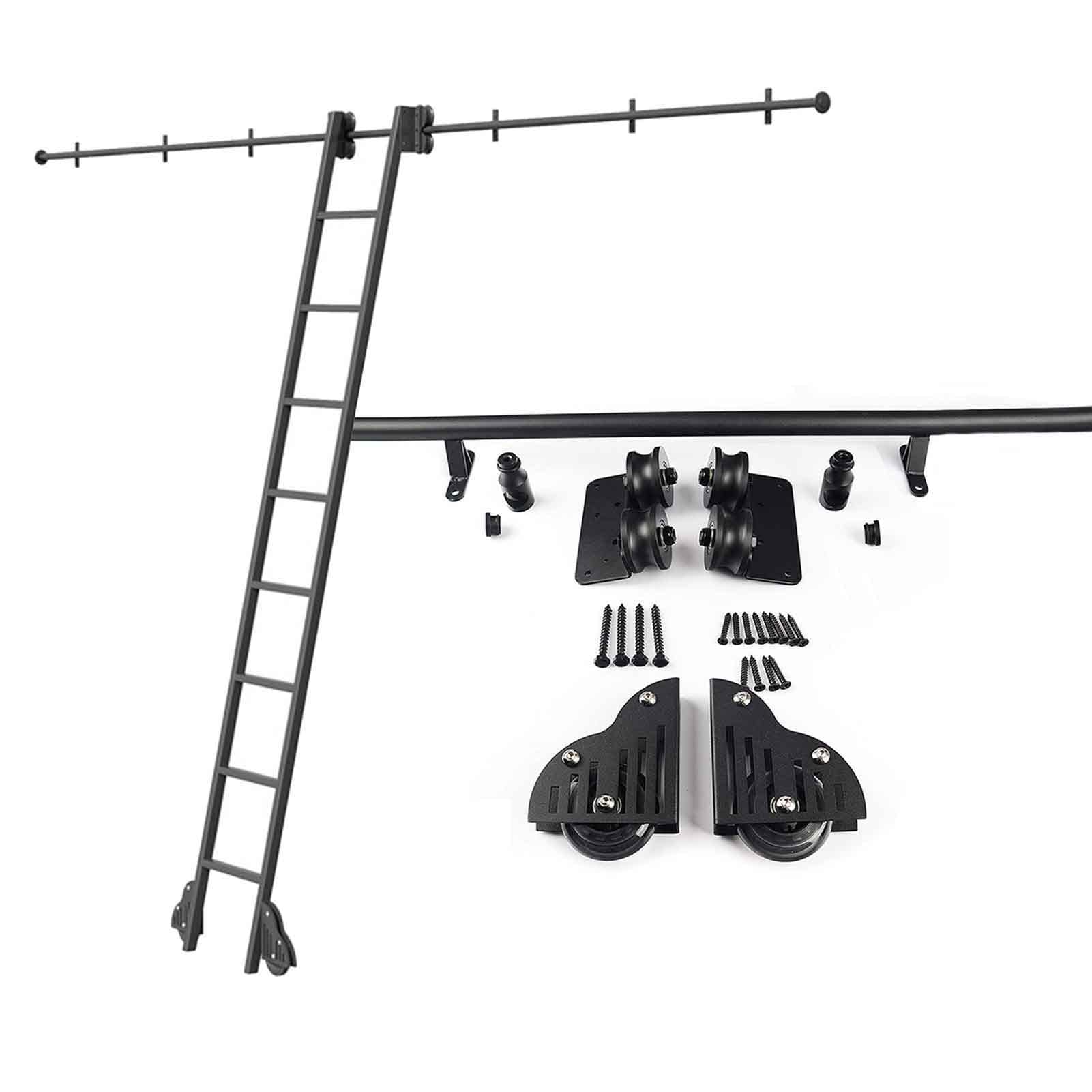 DFGHNBVC 3.3-20Ft Steel Round Tube Escalator Rail, Black Sliding Barn Door Kit Sliding Ladder Library Complete Hardware Rolling Rail Set, With Floor Casters,Black-6.6Ft/200Cm Track Kit