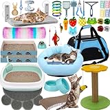 40 Pcs Kitten Starter Kit for Indoor Cats Include Litter Box, Carrier, Cat Bed, Climbing Post, Scratch Pad, Hammock, Feed Bowls, Mat, Collars, Nail File and More for Kitten Supplies Welcome Gift(Blue)
