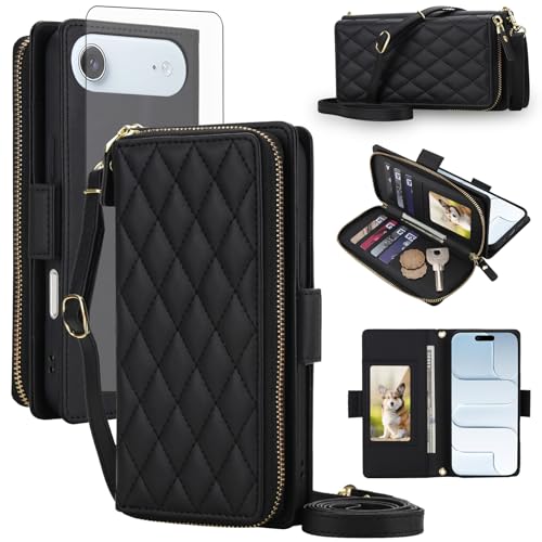 Asuwish Compatible with iPhone 17 Air 6.5 inch Wallet Case Zipper RFID Blocking and Screen Protector Crossbody Lanyard Strap Flip Card Holder Slots i Phone17 i17 17Air Phone Cover for Women Men Black