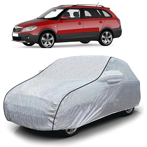 Image of Sulfar 100% Waterproof Car Body Cover Compatible with Mirror for Skoda Fabia Scout (Triple Stitched, Full Bottom Elastic, Magic Silver with Black Piping)