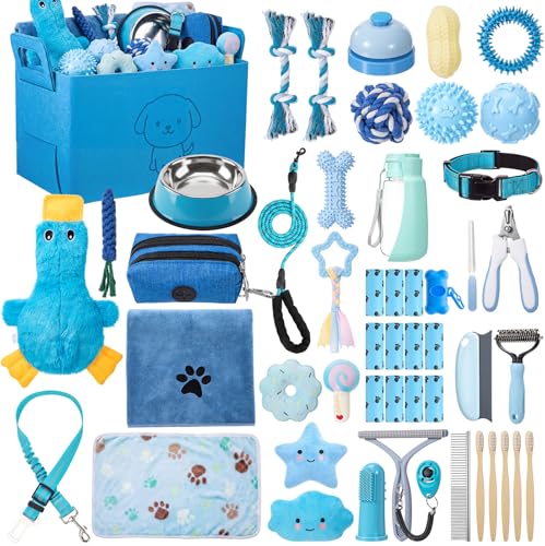 Leitee 50 Pcs Blue Puppy Starter Supplies Kit Small Dog Training Kit Puppy Gift Basket New Dog Bundle Harness Collar Leash Toy Bowl Water Bottle Pet Grooming Accessorie for Pet Day Welcome Favor