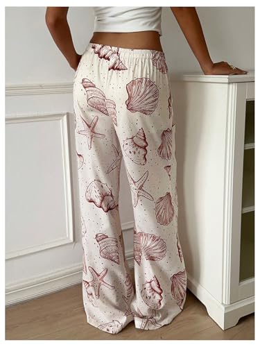 MakeMeChic Women's Pants Seashell Print Wide Leg Low Waist Tie Front Drawstring Trousers3
