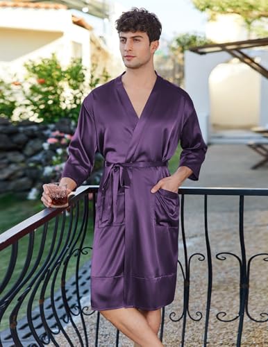 Ekouaer Mens Satin Robe Lightweight Silky Kimono Bathrobe 3/4 Sleeve Spa Knee Length Loungewear with Pockets S-3XL3