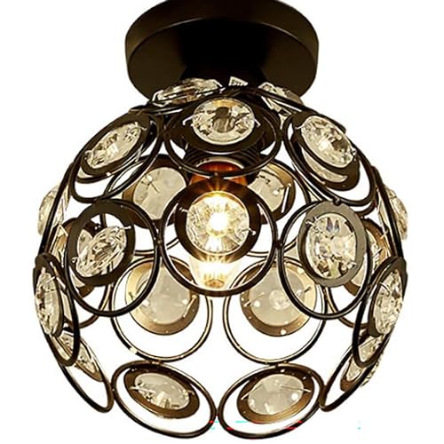 Image of Modern Crystal Flush Mount Ceiling Light | Gold Finish Decorative Ceiling Lamp for Hallway, Bedroom, Living Room, Balcony & Foyer | Warm Light Home Decor Fixture (Black Dual Ring)