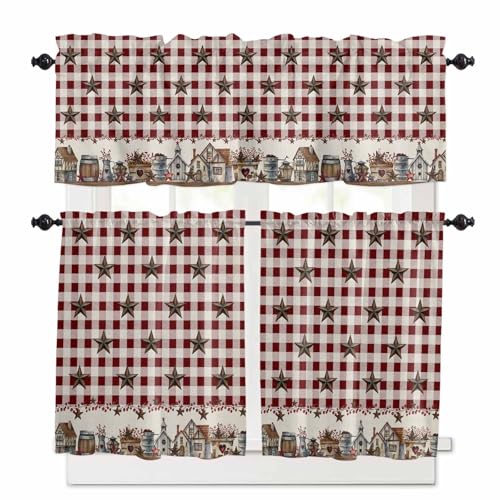 Farm Red Kitchen Curtains 24 Inch Length, 3 Piece Rod Pocket Small Half Tiers and Valance Set, Brown Western Texas Star Red Plaid Country Small Large Window Treatment Decor for Bedroom/Bathroom Sink