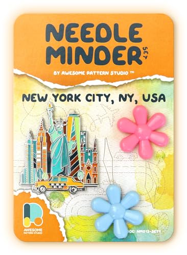 Image of Awesome Pattern Studio Needle Minder Set - New York Magnetic Needle Minder + 2 Needle Threaders. Enamel Pin for Cross Stitch, Embroidery and Craft