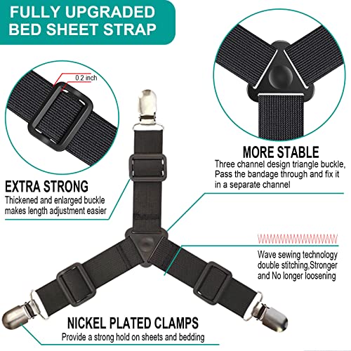 Tuyeabc Bed Sheet Holder Straps, Adjustable Elastic Bedsheet Fasteners, Mattress Corner Sheet Clips Stays Keepers, Fitted Sheet Straps, Upgraded Non-Slip Stability Triangle Buckle, Easy To Install #TOP6