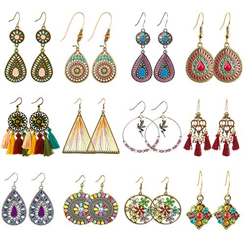 12 Pairs Boho Earrings Vintage Gypsy Drop Dangle Earrings Set for Women Girls Long Retro Tassel Hollow Bead Alloy National Style