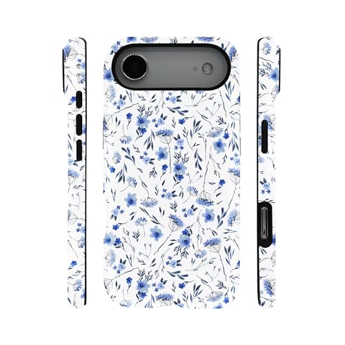 qizjio Cute Floral Phone Case for iPhone 17 Air, Aesthetic Blue Flower Cover for Teen Girls Women Kids
