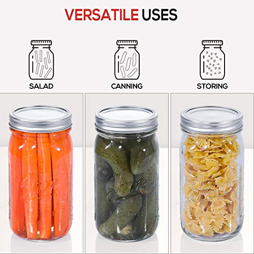 Wide Mouth Mason Jars 32 Oz, 8 Pack Large Glass Canning Jars With Metal Airtight Lids And Bands, Extra Leak-Proof Colored Lids, Chalkboard Labels And Marker, For Meal Prep, Food Storage, Canning, Preserving, Drinking, Diy Projects #TOP3