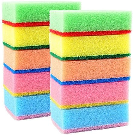 Sponge Scouring Pads - Pack of 10 - Fun Assorted Colors - Long Lasting Kitchen Sponge Scrubber - Dishwashing Sponges
