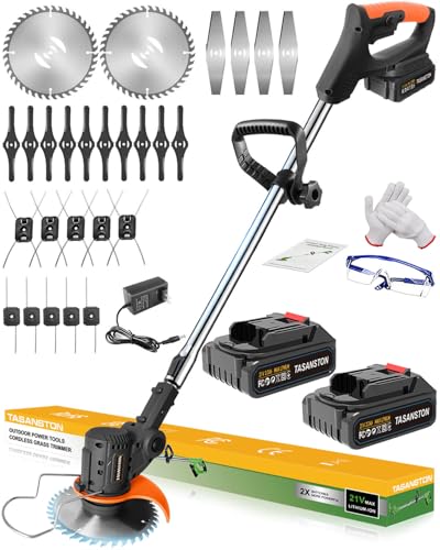 Electric Weed Wacker Cordless, 21V Weed Eater Battery Powered with 2 Batteries and Charger, 3 in 1 Electric Grass Trimmer Cordless Edger Brush Cutter with Saw & Metal Blade for Lawn Garden Yard