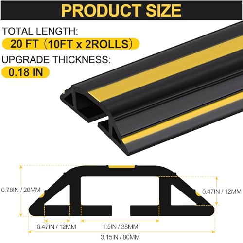 Image of MYFAMIREA 20FT Floor Cord Cover Heavy Duty Cable Cover Protector 3 Channels Extension PVC Floor Wire Cover Outdoor Cord Hider Management Cord Cover for Wire on Floor Home Office Outdoor (2PCS 10FT)