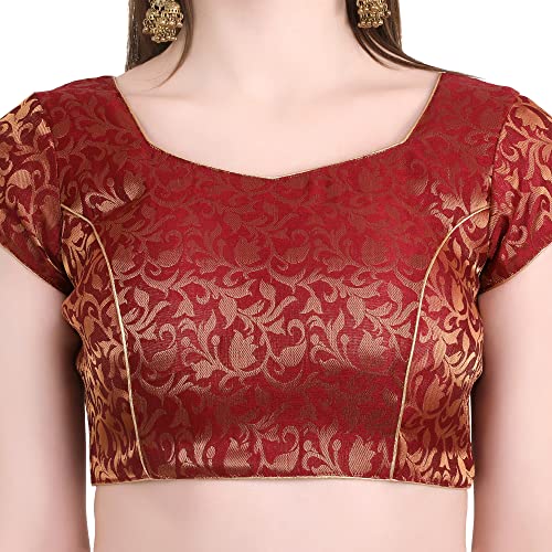 Image of Women's Short Sleeve Brocade (Chanderi) Readymade Stitched Saree Blouse Ready to Wear Half Sleeves Ladies Blouse