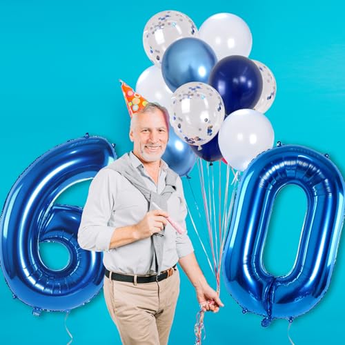 Image of 60 Balloon Number Blue, Big Number 60 Balloon Pastel Navy Dark Blue with Metallic Silver Confetti Balloon for Men 60th Birthday, Foil 40'' Self Inflating Balloon 60 for Anniversary Party Decorations
