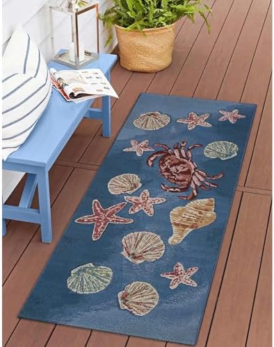 Liora Manne Esencia Machine Washable Non-Slip Low Profile Indoor/Outdoor Mat-Transitional, Coastal, Seashell, Whimsical, Shell We Dance Aqua 1'11" x 4'11"