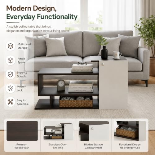 Image of FURNEASER Hanoi Modern Engineered Wood Coffee Table with Door & Storage Shelves | Center Table for Living Room & Sofa Area | Multi Level Open Rack Design | DIY Furniture (Wenge & White)