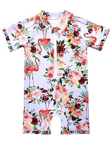 Cadocado Girls Rash Guard Swim Shirt UPF50+ UV Sun Protection Zip Front Bathing Suit,Flamingo,18-24 Month