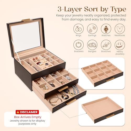 Image of Birch & Co. Jewellery Box - 3 Layer Jewellery organizer storage box, Portable Travel-Friendly Storage. Elegant Super Premium Storage Case for Rings, Earrings, Necklaces & Bracelets, Noir