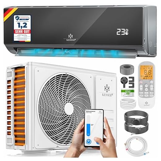 KESSER® Aire acondicionado SET Split con función wifi/App, refrigeración A++/ calefacción A+, refrigerante R32, pantalla LCD, función de temporizador, Split 12000 BTU/h / 3400 Watt - antracita