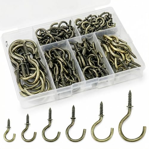 QWORK 135 Pcs Ceiling Hooks Screw in Hooks Cup Hooks 6 Sizes Bronze for Hanging Plant Keys Hats Light Hanging Supplies